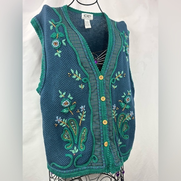 Vintage Koret blue floral embroidered button down vest size L - Picture 10 of 13